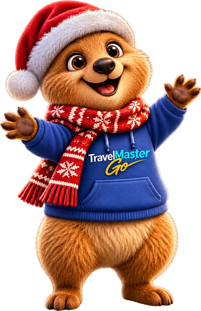 Coco mit Weihnachtsmütze und Schal, winkend