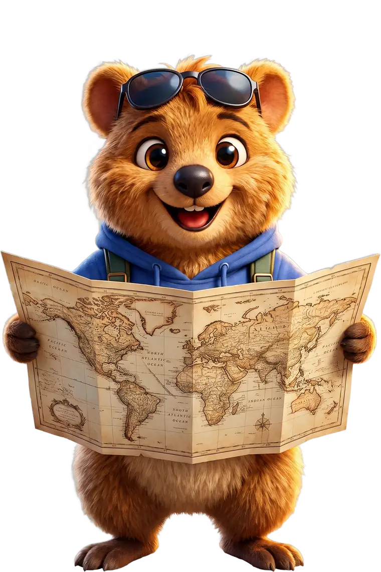 Coco, der Reisebegleiter der App, mit aufgefalteter Weltkarte