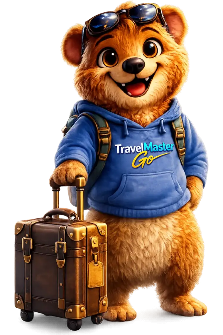 Coco, der Reisebegleiter der App, mit Koffer