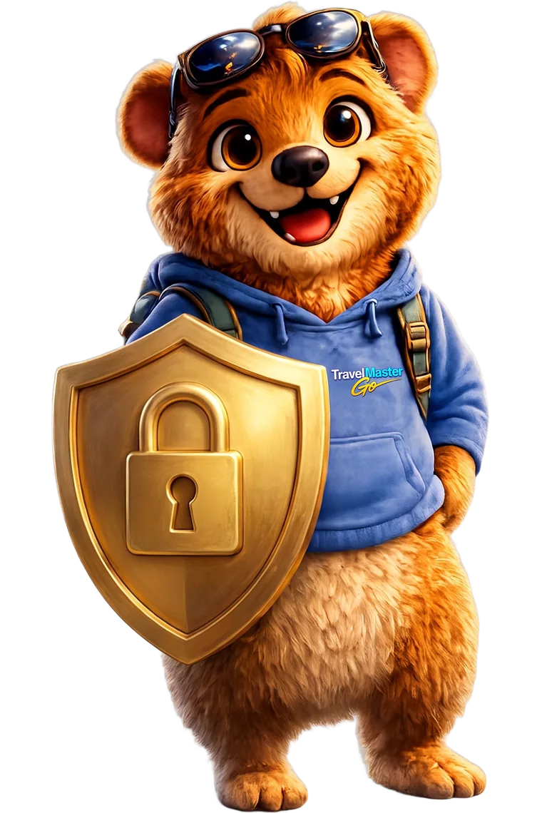 Coco, der Reisebegleiter der App, mit goldenem Schild und Schloss