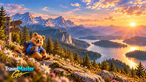 Coco, der Reisebegleiter der App, sitzt mit Becher und Rucksack zwischen Bergblumen neben einem Wegweiser, unten ein Bergsee im Abendlicht; unten links das TravelMaster-Go-Logo