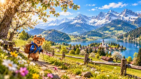Coco, der Reisebegleiter der App, wandert mit Rucksack und Wanderstock unter einem blühenden Baum, dahinter ein Bergsee mit Dorf, Kirche und schneebedeckten Gipfeln