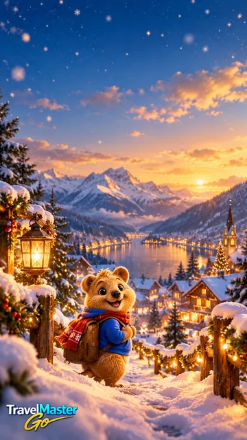 Coco, der Reisebegleiter der App, steht mit Schal und Rucksack auf einem verschneiten Weg mit Laterne und Lichterketten, unten ein Dorf am See mit Kirche und Weihnachtsbaum, darüber der Abendhimmel mit Sternen; unten links das TravelMaster-Go-Logo