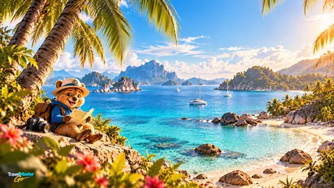 Coco, der Reisebegleiter der App, sitzt mit Sonnenhut, Karte und Kamera auf einem Felsen unter Palmen, darunter eine Bucht mit Segelbooten und Sandstrand; unten links das TravelMaster-Go-Logo