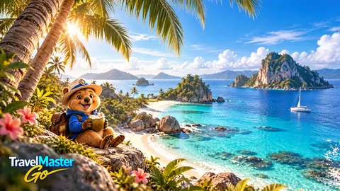 Coco, der Reisebegleiter der App, sitzt mit Sonnenhut und Kokosnuss auf einem Felsen unter Palmen, darunter eine Bucht mit türkisem Wasser, Inseln und einem Segelboot; unten links das TravelMaster-Go-Logo