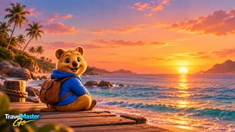 Coco, der Reisebegleiter der App, sitzt mit Rucksack auf einem Holzsteg am Meer, links Palmen, über dem Wasser geht die Sonne unter; unten links das TravelMaster-Go-Logo