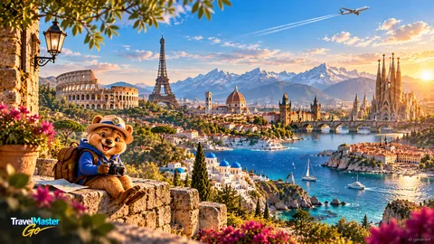 Coco, der Reisebegleiter der App, sitzt mit Sonnenhut, Kamera und Stadtplan auf einer Steinmauer, dahinter ein Fantasie-Panorama mit Kolosseum, Eiffelturm, Kuppelkirchen, weißen Häusern mit blauen Kuppeln und einem Flugzeug am Himmel; unten links das TravelMaster-Go-Logo