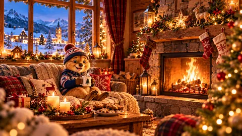 Coco, der Reisebegleiter der App, sitzt im Weihnachtspullover mit Tasse auf dem Sofa, davor Plätzchen und Kerzen, daneben Kaminfeuer, Strümpfe und ein Weihnachtsbaum