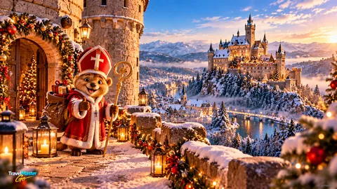Coco, der Reisebegleiter der App, als Nikolaus mit Mitra, Bischofsstab und Geschenkesack vor einem geschmückten Burgtor mit Laternen, dahinter ein verschneites Märchenschloss; unten links das TravelMaster-Go-Logo