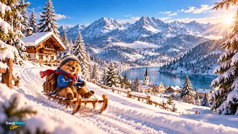 Coco, der Reisebegleiter der App, fährt mit Pudelmütze und rotem Schal Schlitten auf einem verschneiten Weg, unten ein Dorf mit Kirche am See; unten links das TravelMaster-Go-Logo