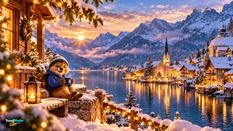 Coco, der Reisebegleiter der App, sitzt mit Pudelmütze und Tasse neben einer Laterne auf einem verschneiten Balkon, Blick auf ein beleuchtetes Dorf am See und verschneite Berge; unten links das TravelMaster-Go-Logo