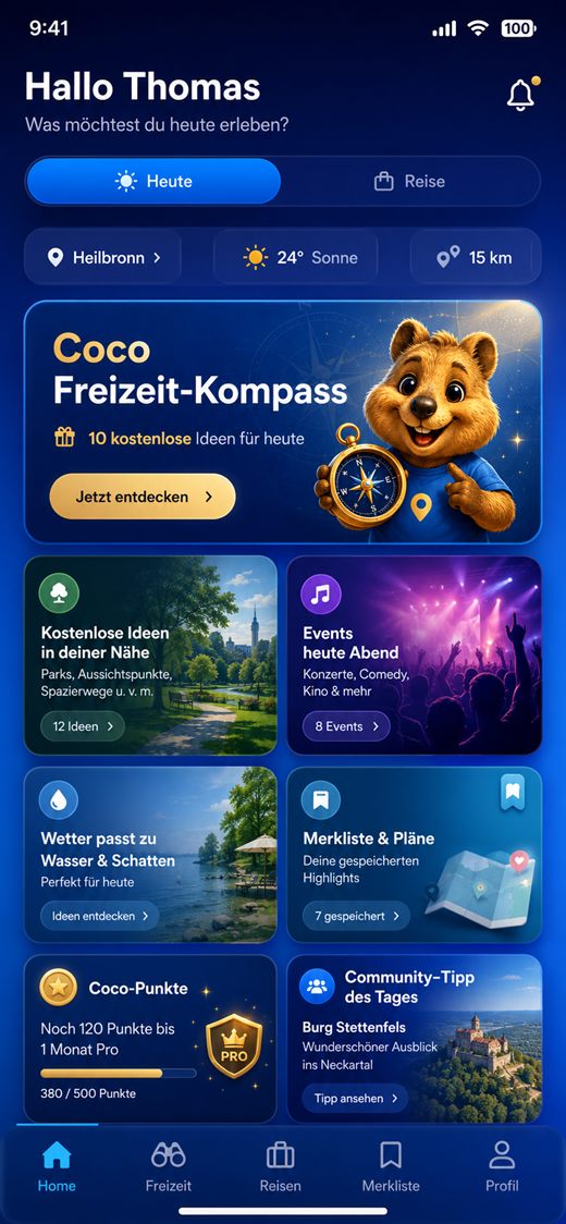 TravelMaster Go Startbildschirm mit Coco und dem Freizeit-Kompass