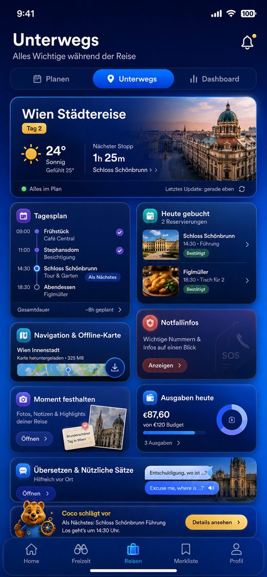 Unterwegs-Dashboard mit Wetter, Tagesplan und Buchungen