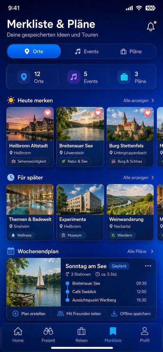 Merkliste & Pläne: gespeicherte Orte, Events und Touren