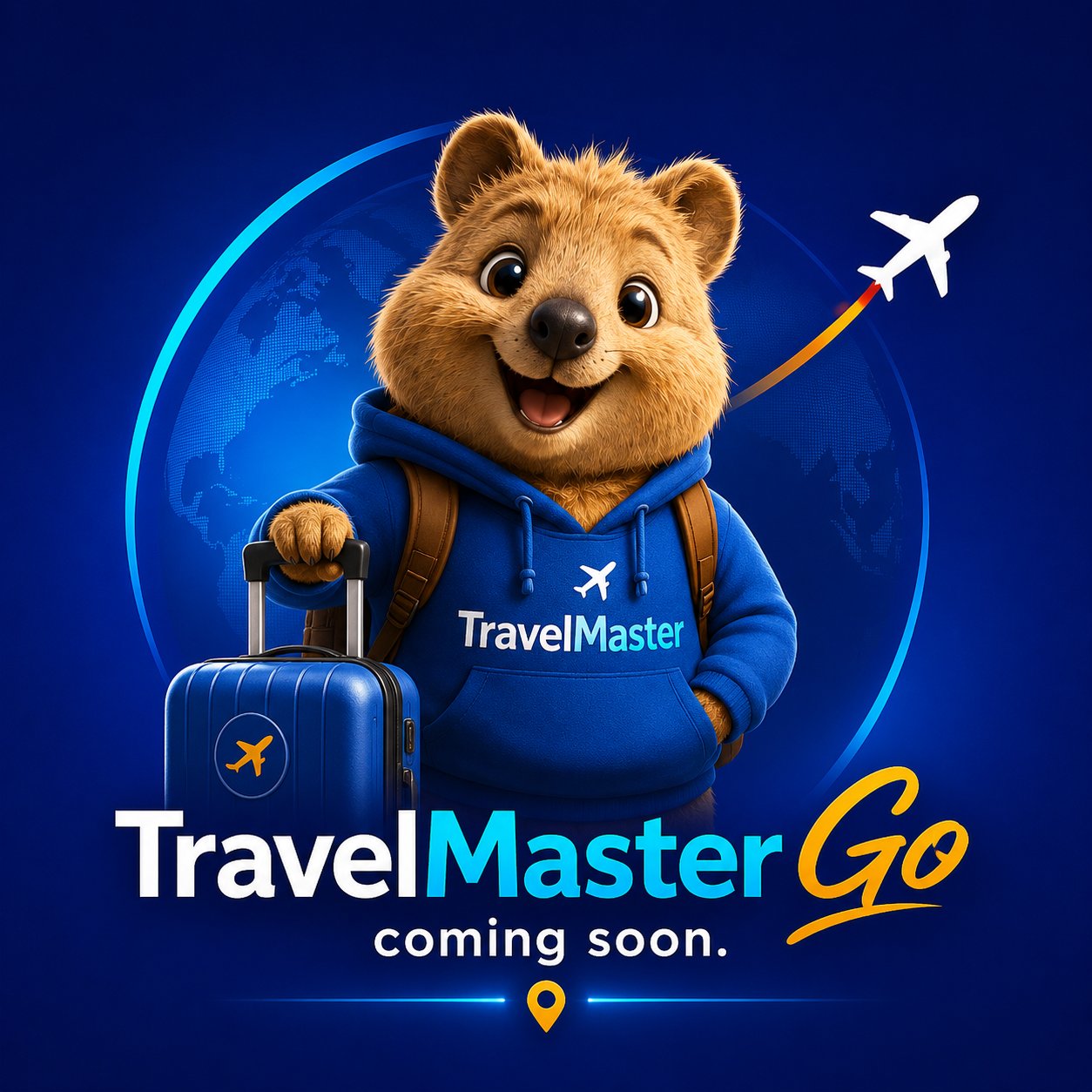 TravelMaster Go – das Quokka-Maskottchen mit Koffer vor einem Globus, daneben ein abhebendes Flugzeug. Schriftzug „TravelMaster Go – coming soon“.